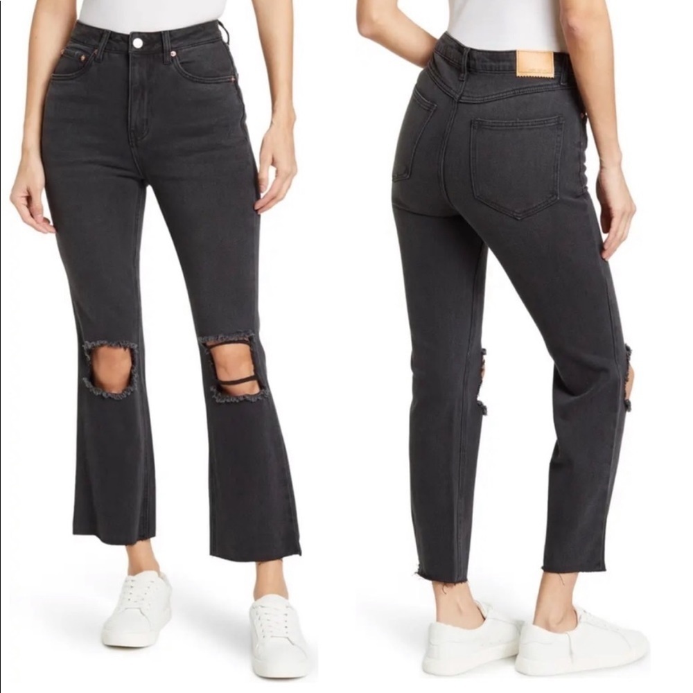 NWT Avec Les Filles Black Cropped Bootleg Distressed Jeans